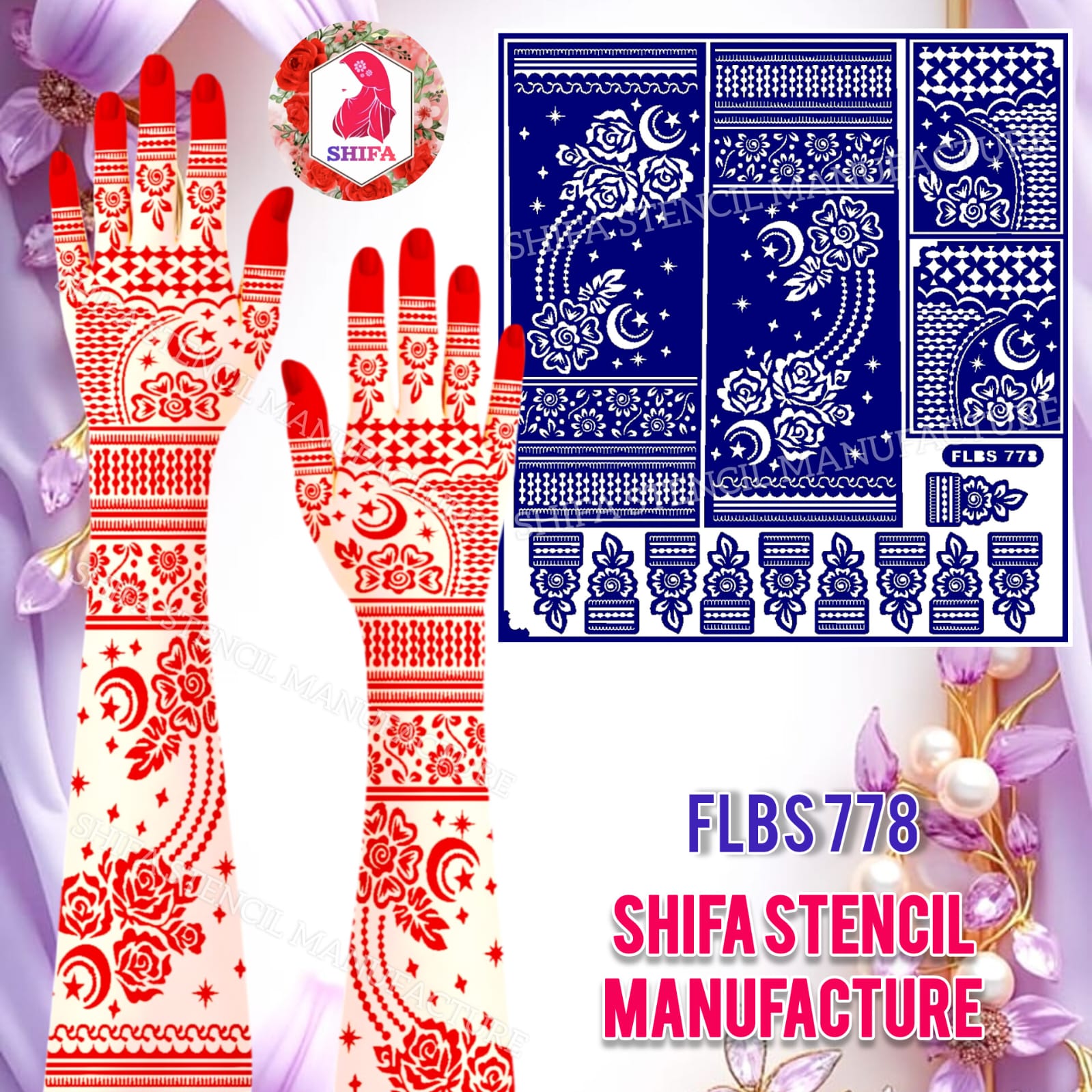 FLBS 778 Celestial Floral Symphony Double Hand Henna Stencil - Shifa Stencil